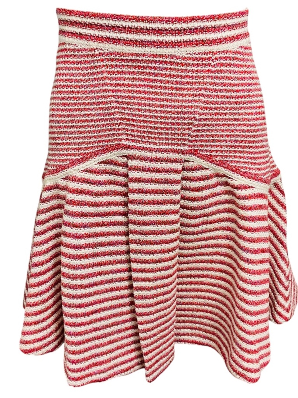 CHANEL RED / WHITE 2015 STRIPED PAPER AND COTTON KNIT FLARED SKIRT
